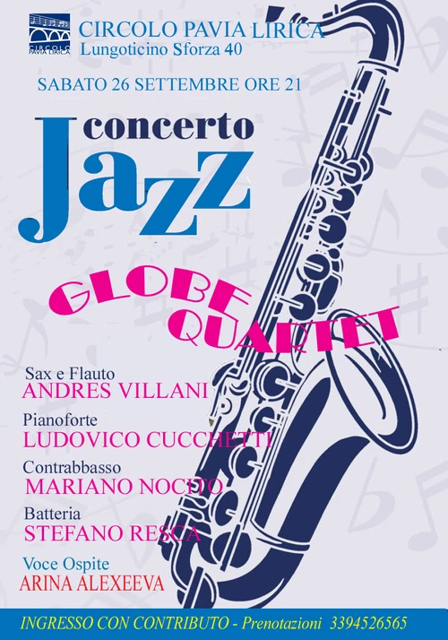 Official poster of Globe Quartet live jazz concert in Pavia on 26 September 2026